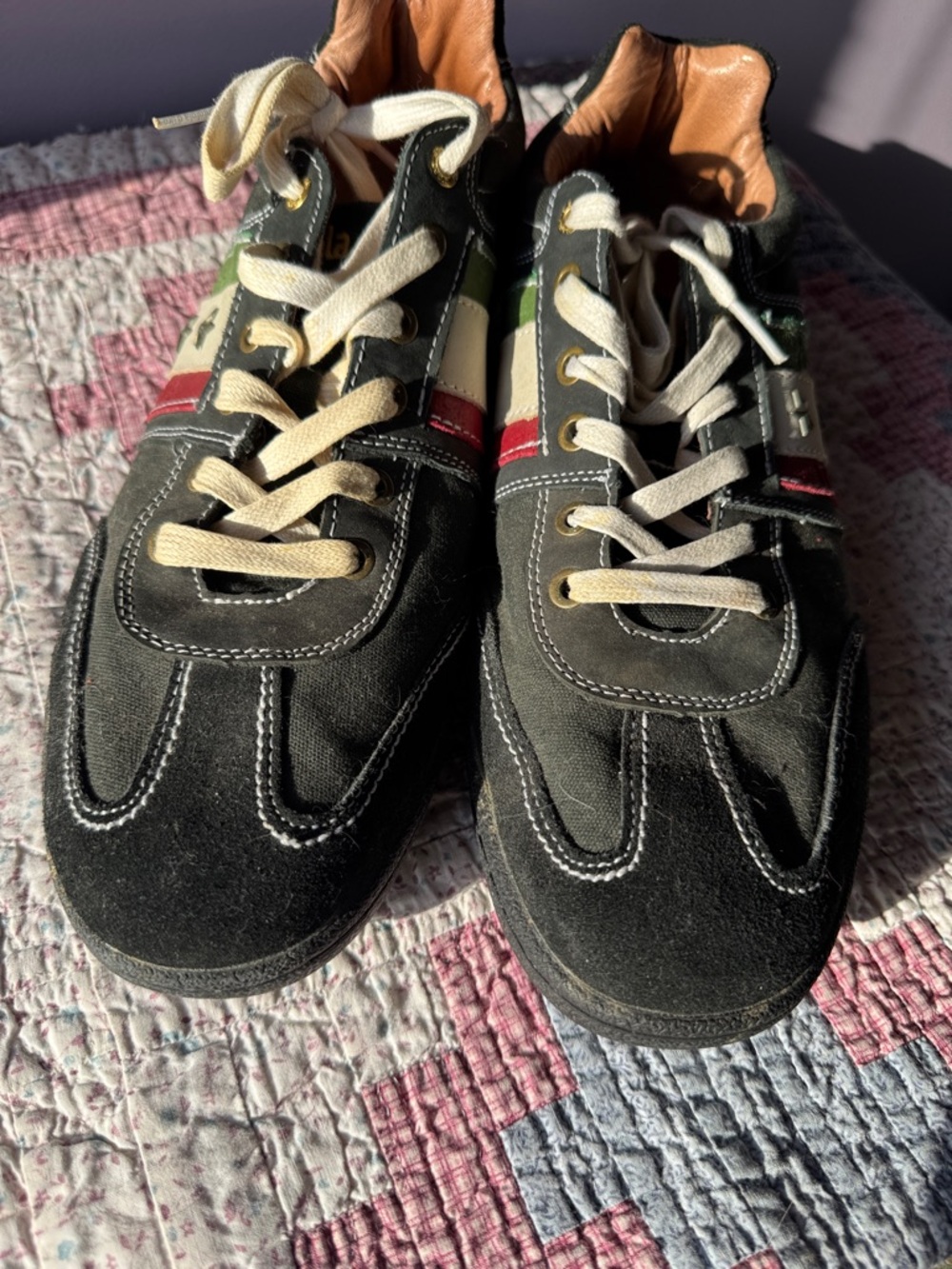 Pantofola D'oro Black Suede Sneakers with Green-White-Red Stripe